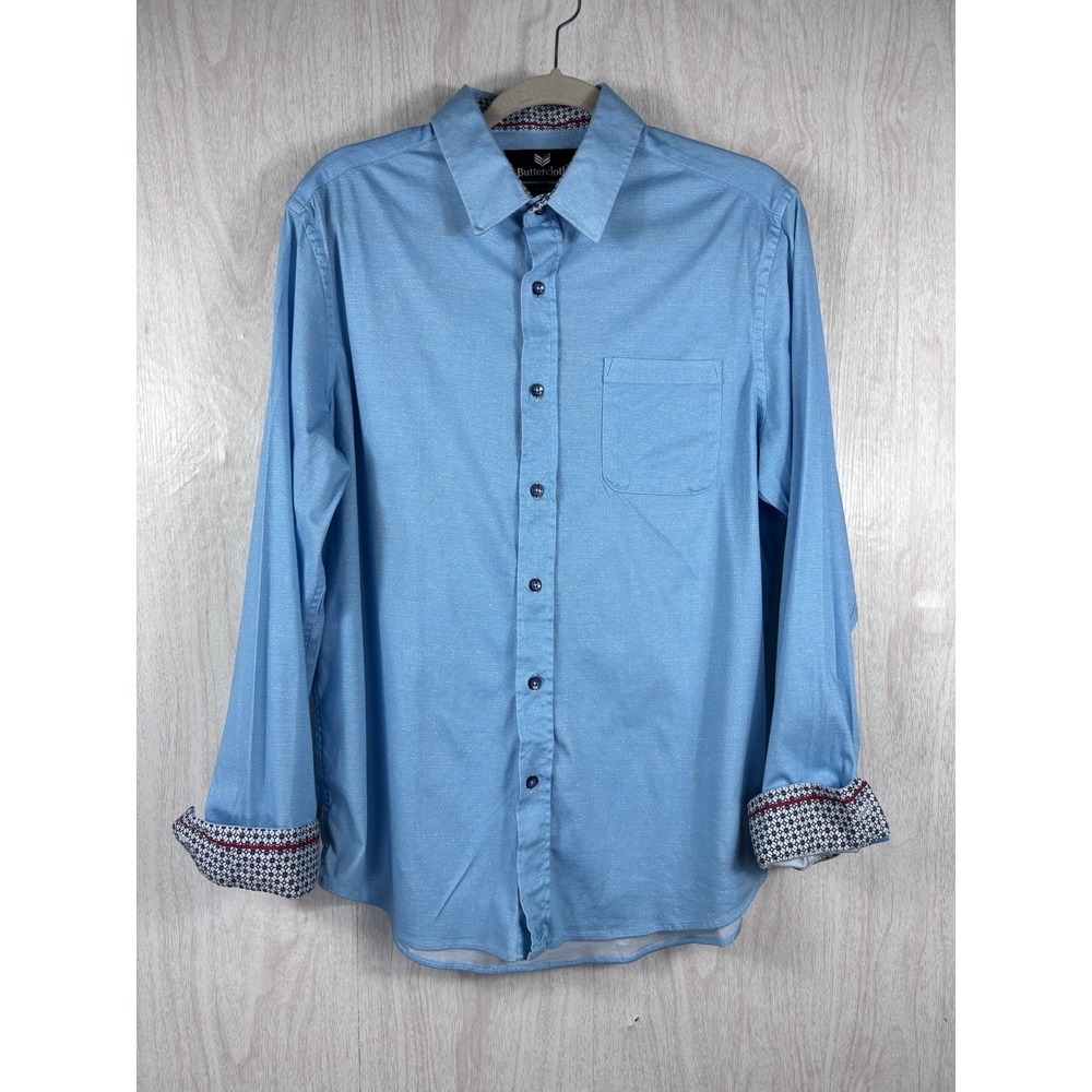 Buttercloth Icy Cotton Shirt Mens L Blue Stretch Flip Cuff Button Up Soft
